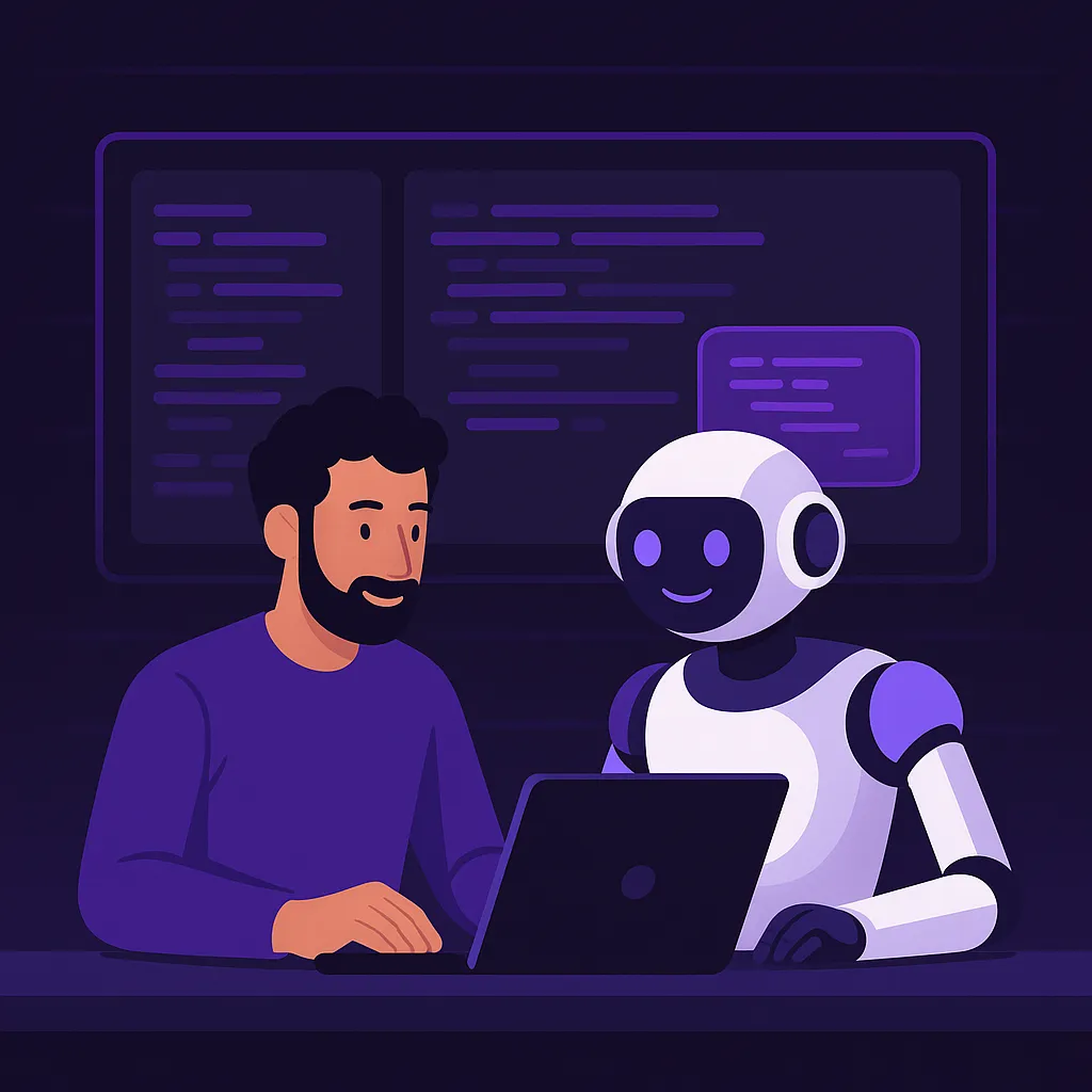 Illustration of a man and a robot programming happily together